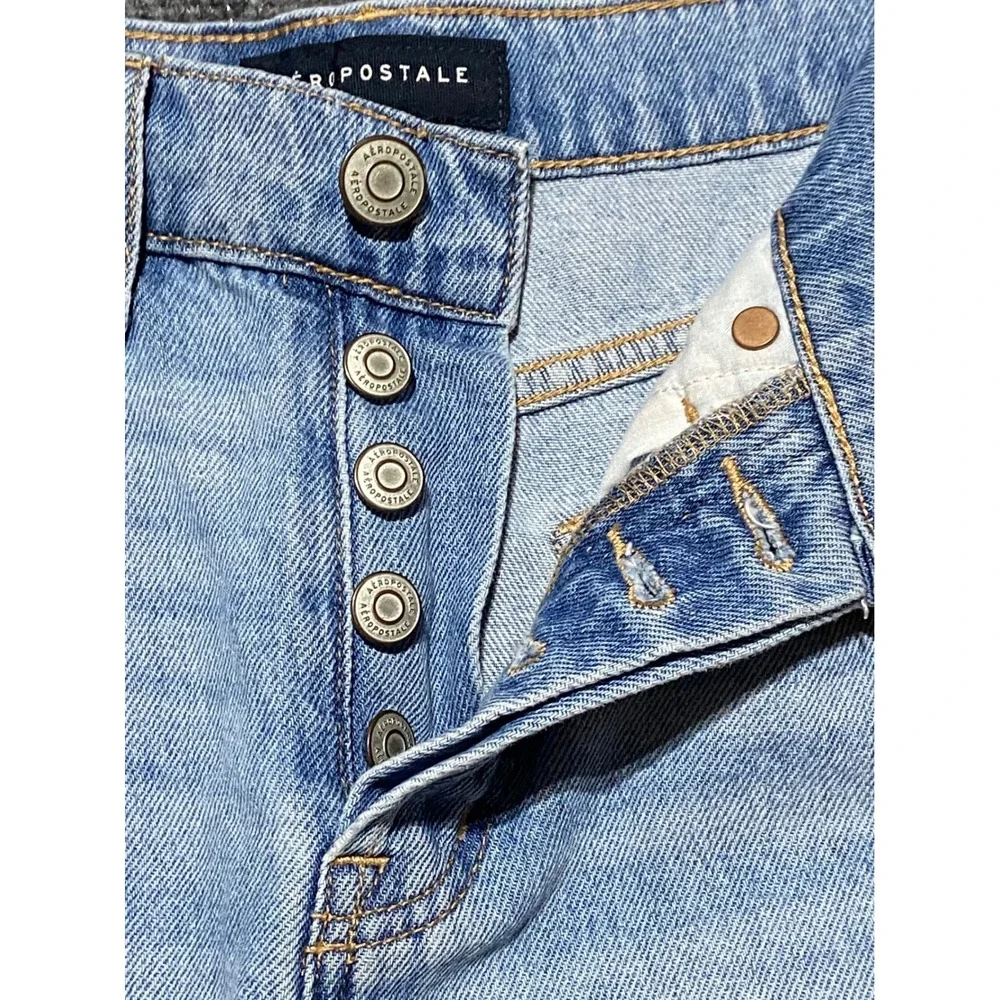 Aeropostale High Rise Denim Mini Skirt Size 0 Light Wash Raw Hem Button Fly Boho